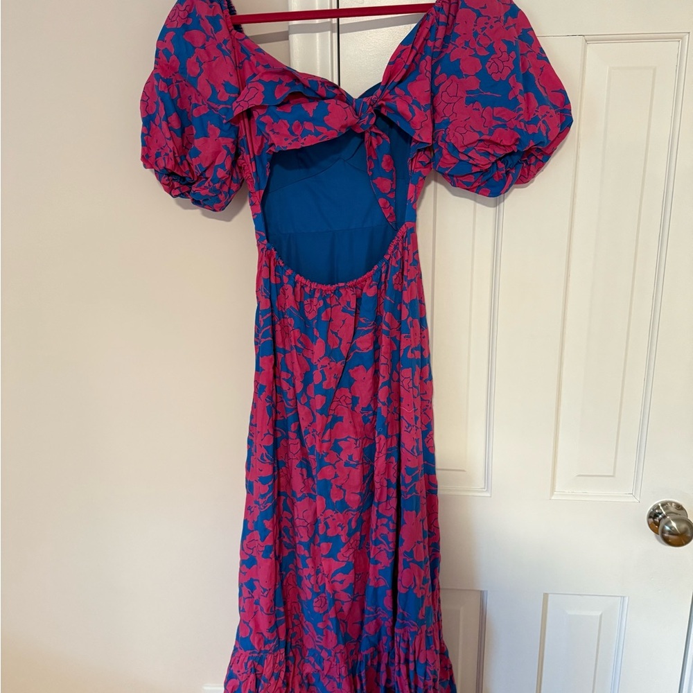 Free the Roses Red and Blue Puff Sleeve Maxi Dress